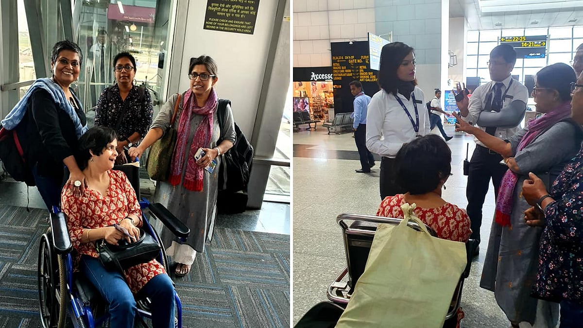 The four activists at the Kolkata airport (L). The activists having an argument with GoAir officials (R).