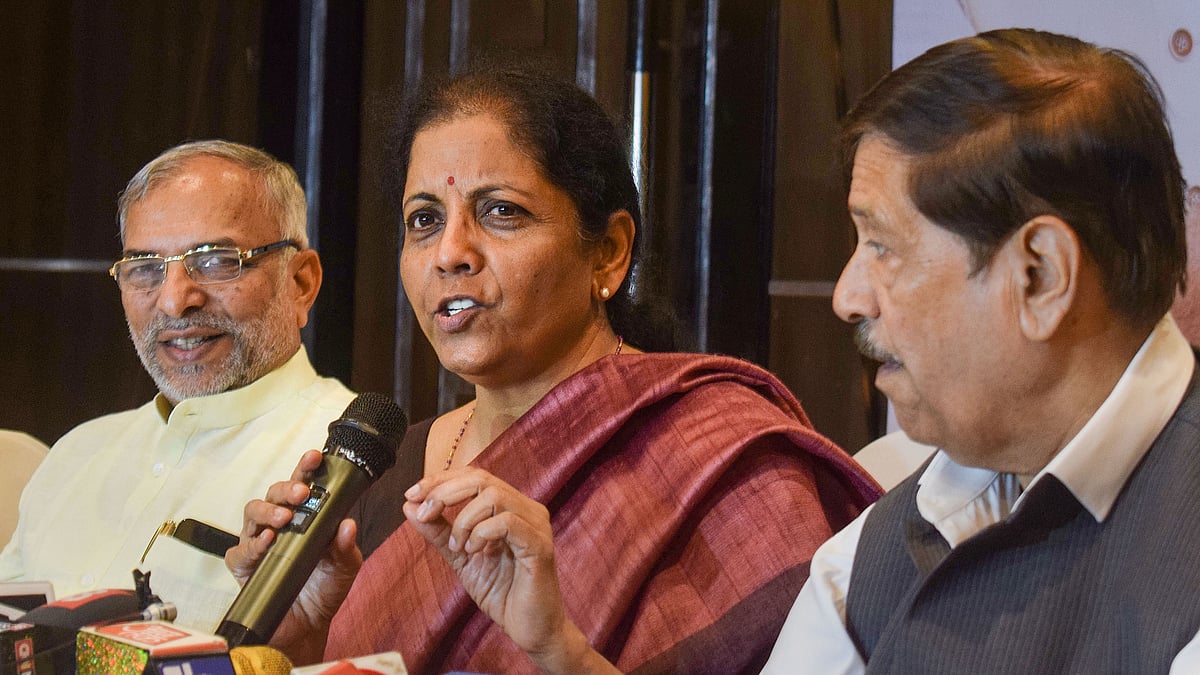 Union Finance Minister Nirmala Sitharaman addresses a press conference, in Pune on 11 October.