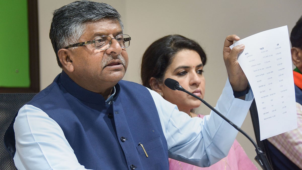 Union Minister Ravi Shankar Prasad interacts with media ahead of Assembly elections the party headquarters in Mumbai on 12 October.
