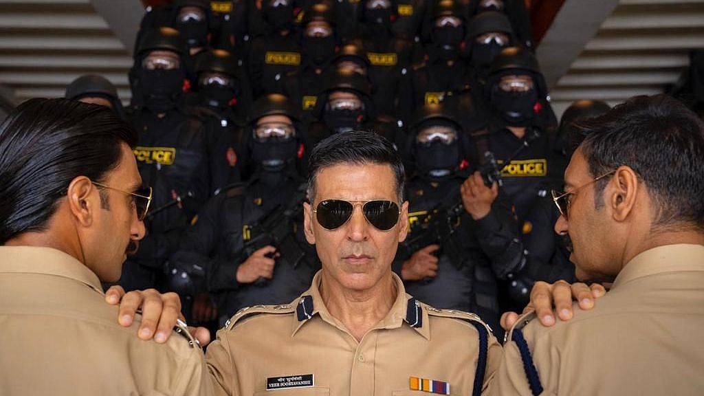Ranveer Singh, Akshay Kumar and Ajay Devgn in <i>Sooryavanshi</i>.