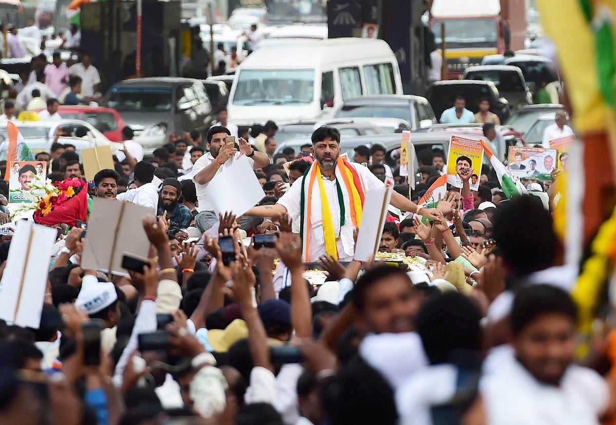 DK Shivakumar after arriving in Bengaluru. 