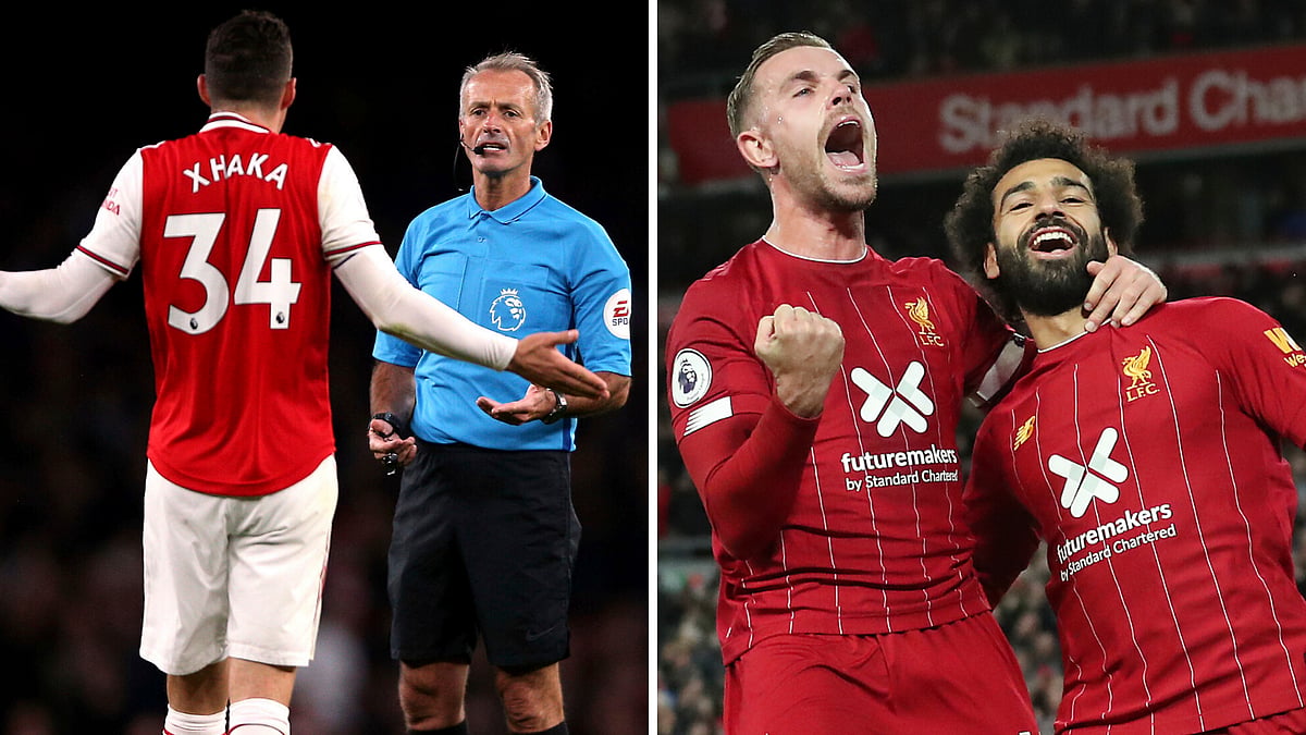 Arsenal captain Xhaka argue with the referee (right) and Liverpool’s Jordan Henderson Mohamed Salah celebrate.