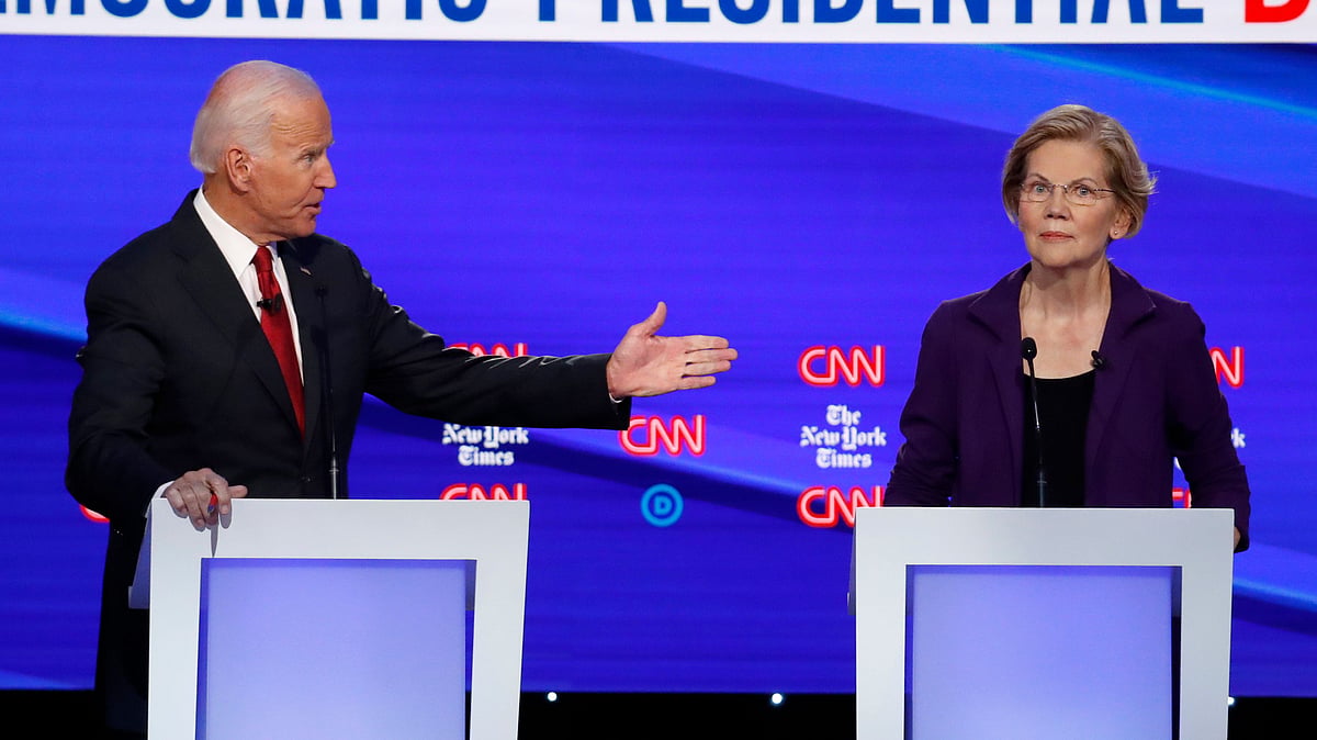 Democratic presidential candidate former Vice President Joe Biden, gestures toward Sen. Elizabeth Warren, D-Mass., during a Democratic presidential primary debate