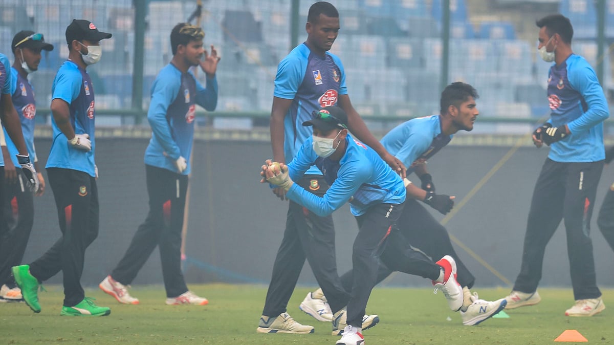 Bangladesh players practising ahead of their first game against India on Sunday, 3 November.
