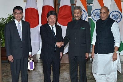 New Delhi: (L-R) Japanese Foreign Affairs Minister Toshimitsu Motegi and Defence Minister Taro Kono with Defence Minister Rajnath Singh and External Affairs Minister S. Jaishankar at the India-Japan Foreign and Defence Ministerial Dialogue (2+2) in New Delhi on Nov 30, 2019. (Photo: IANS)