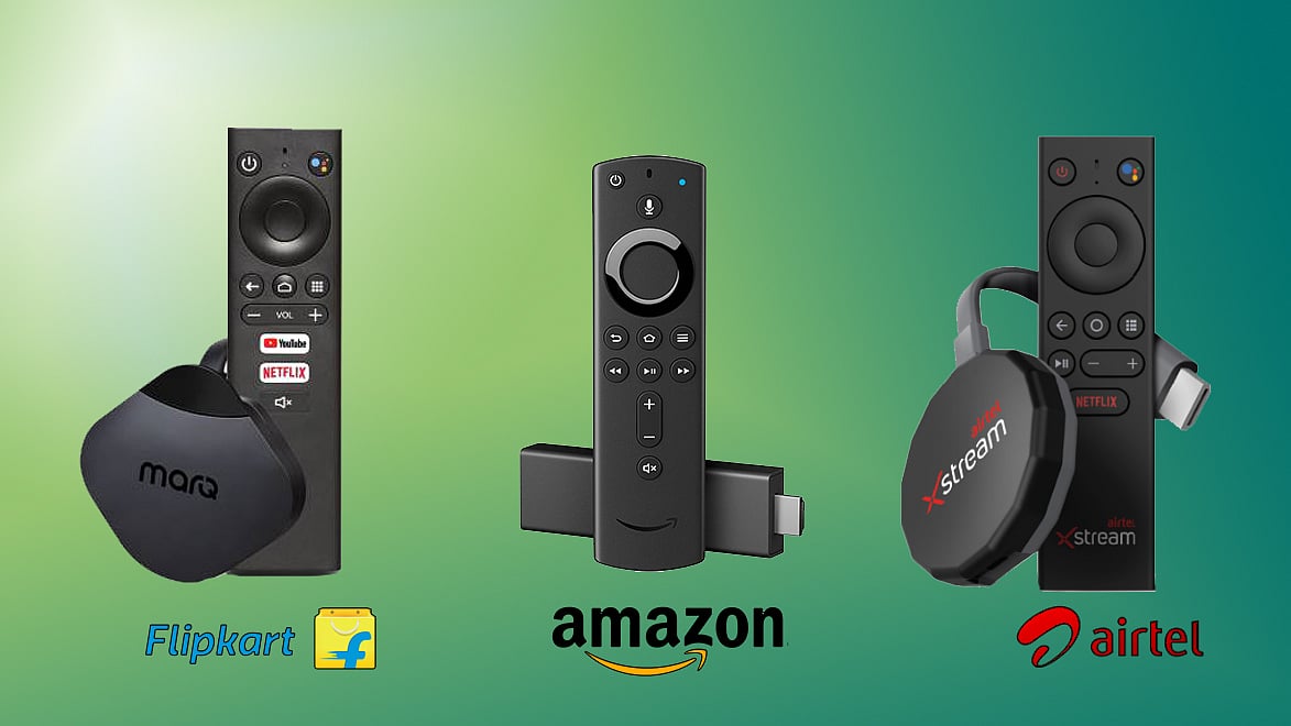 Flipkart MarQ TurboStream (left), Amazon Fire TV Stick (centre) and Airtel Xstream stick (right)