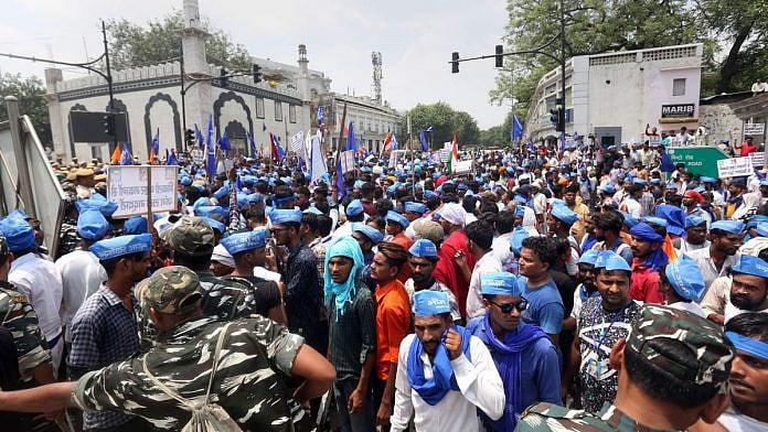 Bhim Army members during a rally to protest against the demolition of Ravidas Mandir in Tughlakabad. Image used for representational purposes.
