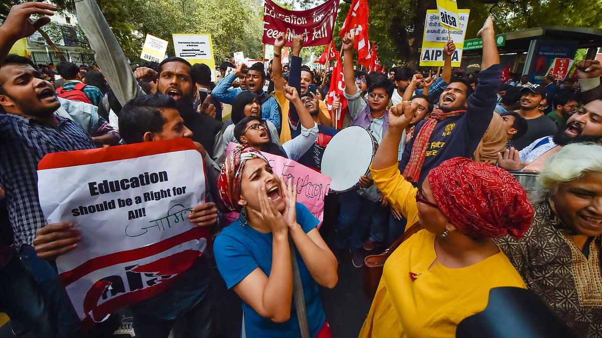 Hundreds of people joined the protest by Jawaharlal Nehru University students against the hostel and mess fee hike, in Delhi on Satuday.