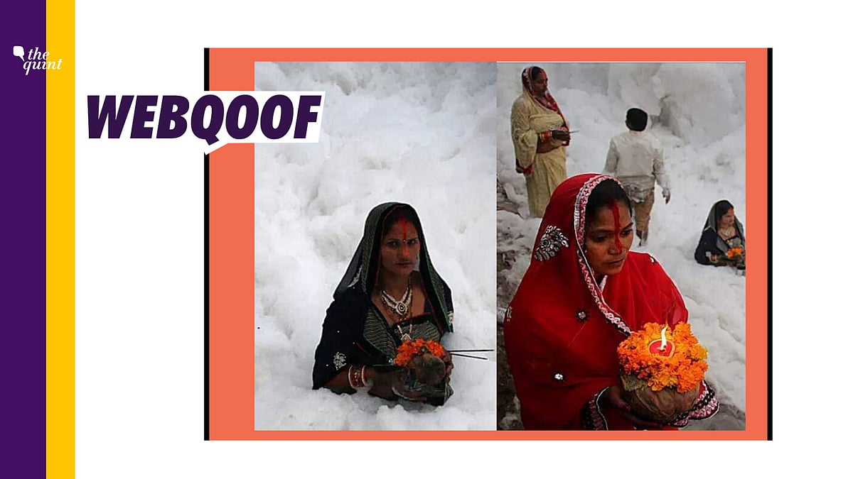 The photos show devotees offering homage to the sun god standing in waist-deep toxic foam in Delhi’s Kalindi Kunj.
