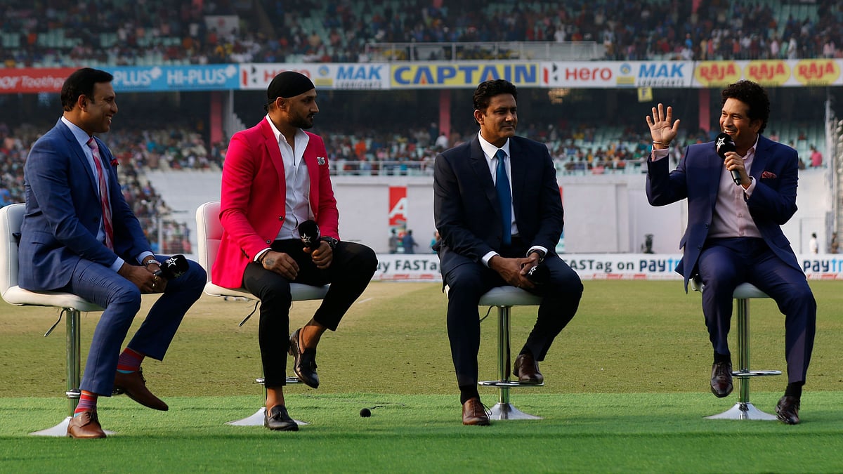From Left: VVS Laxman, Harbhajan Singh, Anil Kumble and Sachin Tendulkar during Lunch on Day 1 at the Eden Gardens in Kolkata.&nbsp;