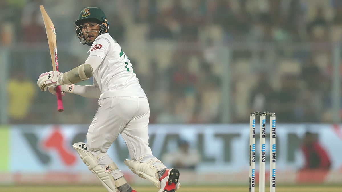 Mushfiqur Rahim in action against India on Day 2 of the Pink Ball Test against India at the Eden Gardens in Kolkata on Saturday, 23 November.