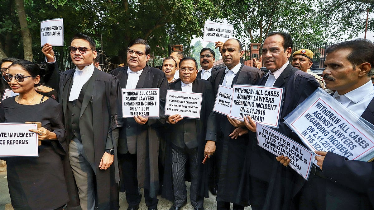 Lawyers protest outside Supreme Court regarding the Tis Hazari Court incident, in New Delhi. Image used for representation.