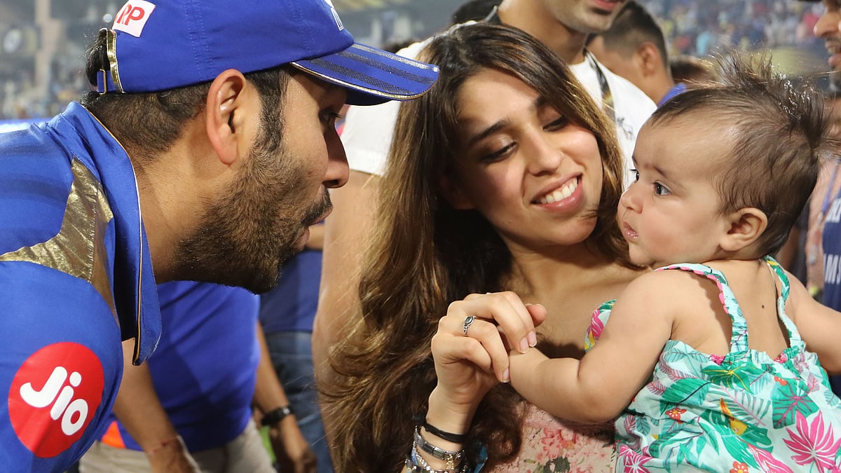 Rohit Sharma celebrates Mumbai’s IPL title with his wife Ritika and daughter Samaira.