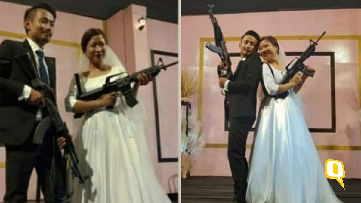 The couple holding automatic rifles.