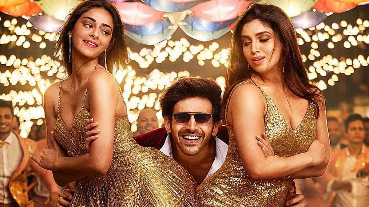 Ananya Panday, Kartik Aaryan and Bhumi Pednekar in a poster for ‘Aankhiyon Se Goli Mare’.