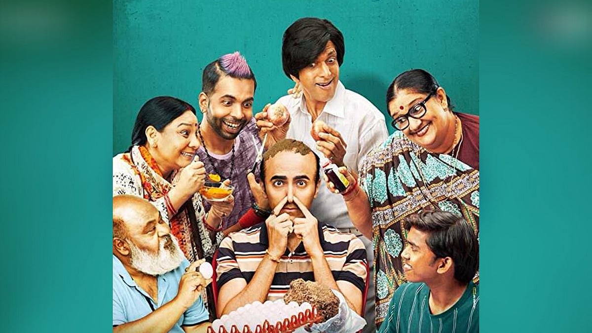 Ayushmann Khurrana, Saurabh Shukla and others in a poster for <i>Bala.</i>