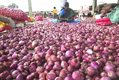 Bengaluru: Onion stock at Agricultural Produce Market Committee (APMC), Yeswanthpur. Onion prices have shot up in most retail markets, in Bengaluru; on Nov 29, 2019. (Photo: IANS)