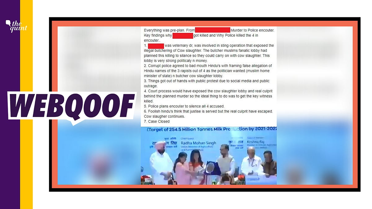 A video on social media is being shared with the claim that the Hyderbad vet was raped and murdered because she raised her voice against cow slaughter. 