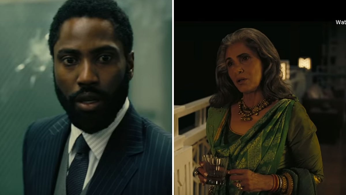 John David Washington and Dimple Kapadia in stills from <i>Tenet</i> trailer.