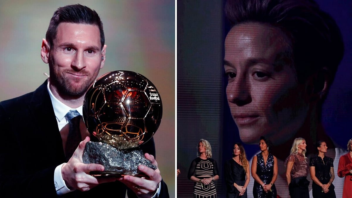 (Left) Barcelona’s soccer player Lionel Messi holds the trophy of the Golden Ball award ceremony in Paris, Monday, 2 December, 2019. (Right) US’ Megan Rapinoe is seen on the screen after she awarded as the best female soccer player.