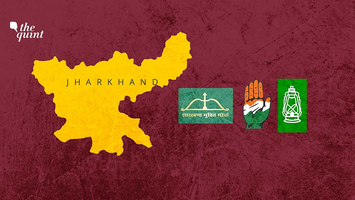 Image of Jharkhand map and the ‘Mahagathbandhan’ (JMM + Congress + RJD) symbols used for representation. ‘Mahagathbandhan’ won in the state. 