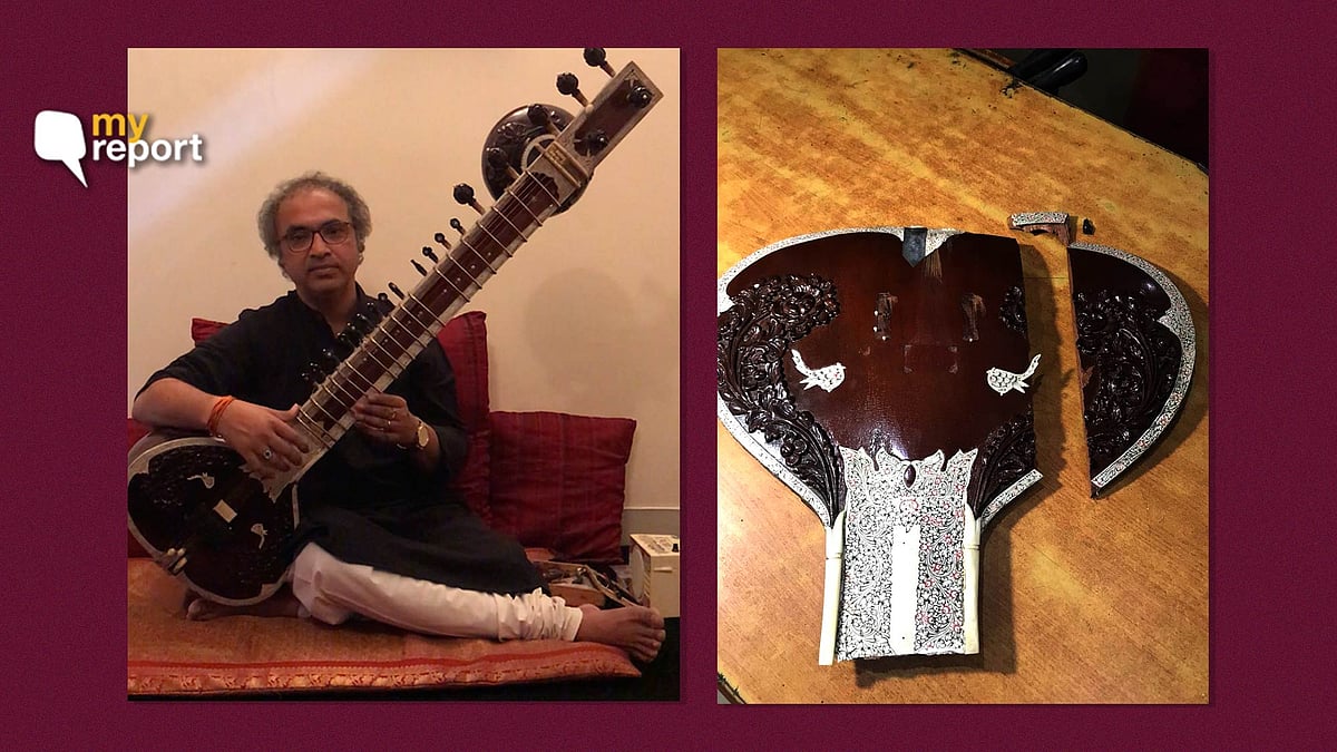 Renowned sitarist Shubhendra Rao (L) and his broken sitar. 