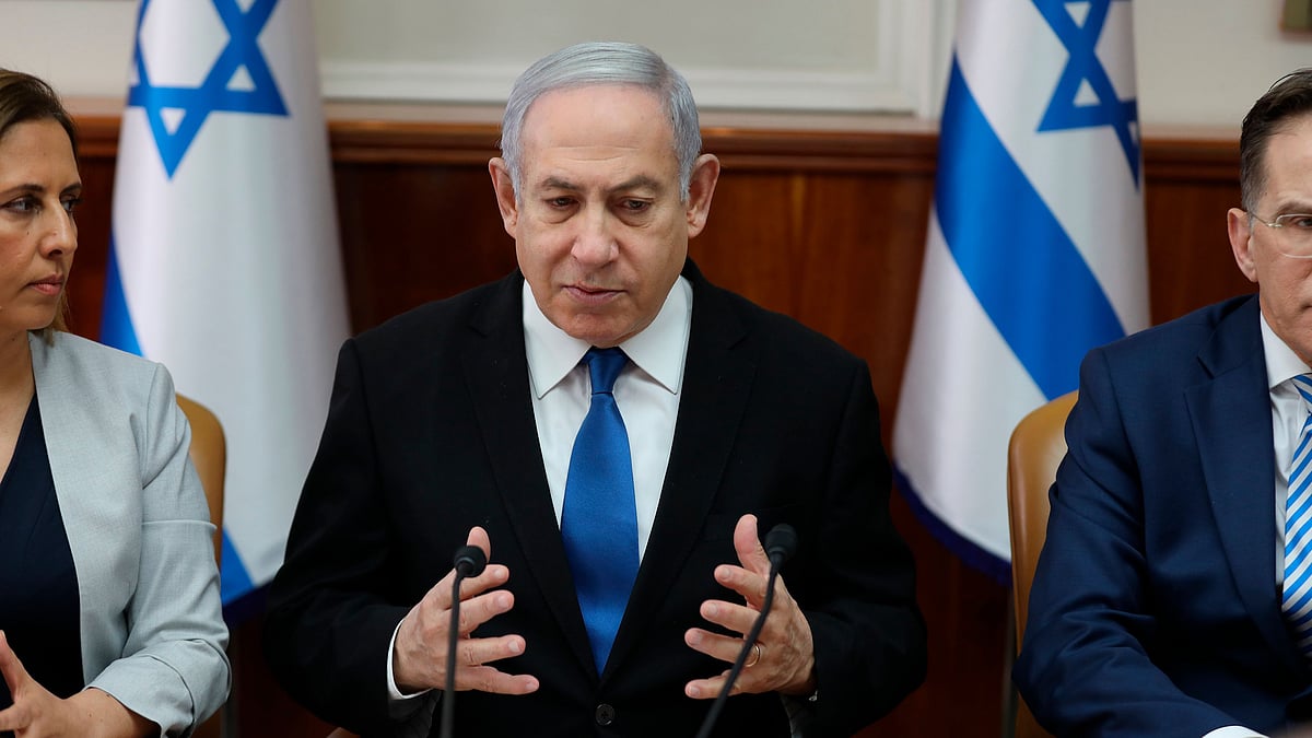 Israeli Prime Minister Benjamin Netanyahu attends the weekly cabinet meeting at his office in Jerusalem, Israel. 