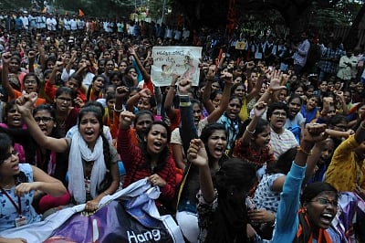 Hyderabad: ABVP activists protest against the gruesome gang rape and murder of a woman veterinarian in Hyderabad; demanding justice for the victim, in Hyderabad on Dec 2, 2019. (Photo: IANS)
