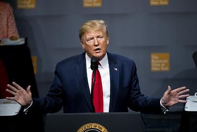 NEW YORK, Nov. 12, 2019 (Xinhua) -- U.S. President Donald Trump delivers a speech at the Economic Club of New York in New York, the United States, Nov. 12, 2019. Trump on Tuesday criticized Federal Reserve