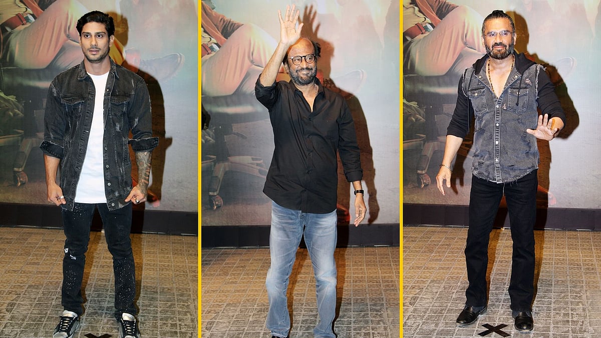 Actors Prateik Babbar, Rajinikanth and Suniel Shetty at the <i>Darbar </i>trailer launch.&nbsp;