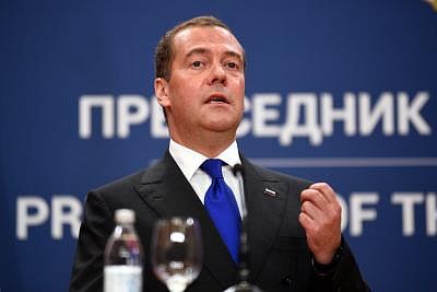 BELGRADE, Oct. 20, 2019 (Xinhua) -- Russian Prime Minister Dmitry Medvedev speaks during a press conference with Serbian President Aleksandar Vucic in Belgrade, Serbia, Oct. 19, 2019. Russia will continue to develop joint energy and infrastructure projects with Serbia, Dmitry Medvedev told reporters here on Saturday, stressing the importance of further deepening bilateral economic ties. (Photo by Predrag Milosavljevic/Xinhua/IANS)