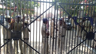 Mahabubnagar: Security beefed up at Government District Hospital in Mahabubnagar district where the post-mortem of the four Hyderabad gang rape-murder accused was carried out, ahead of the arrival of a team of National Human Rights Commission (NHRC) to examine the bodies, on Dec 7, 2019. (Photo: IANS)