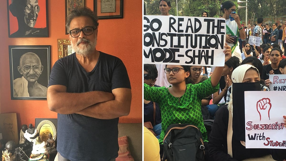 Tushar Gandhi (Left); Protests against CAA and NRC at Mumbai’s August Kranti maidan (Right)