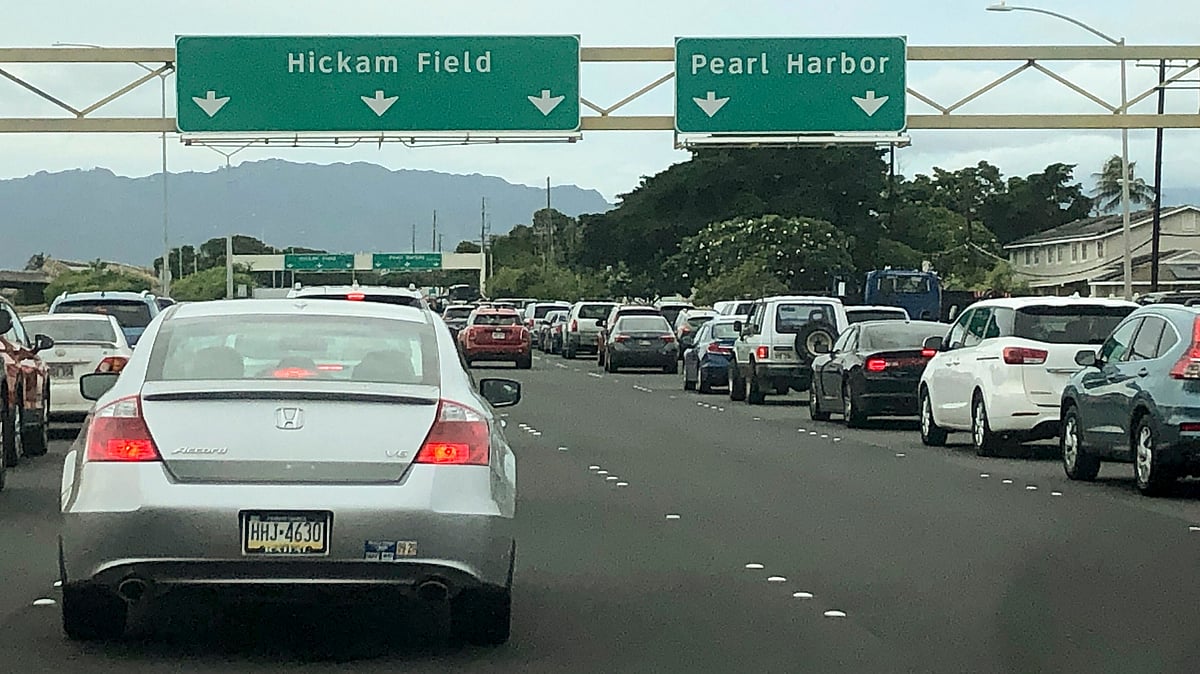 Traffic backs up at the main gates after a shooting at Pearl Harbor Naval shipyard on Wednesday.