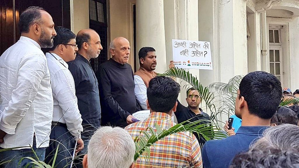 Mahesh Bhatt attends a protest meet outside Dr Babasaheb Ambedkar’s home in Mumbai. 