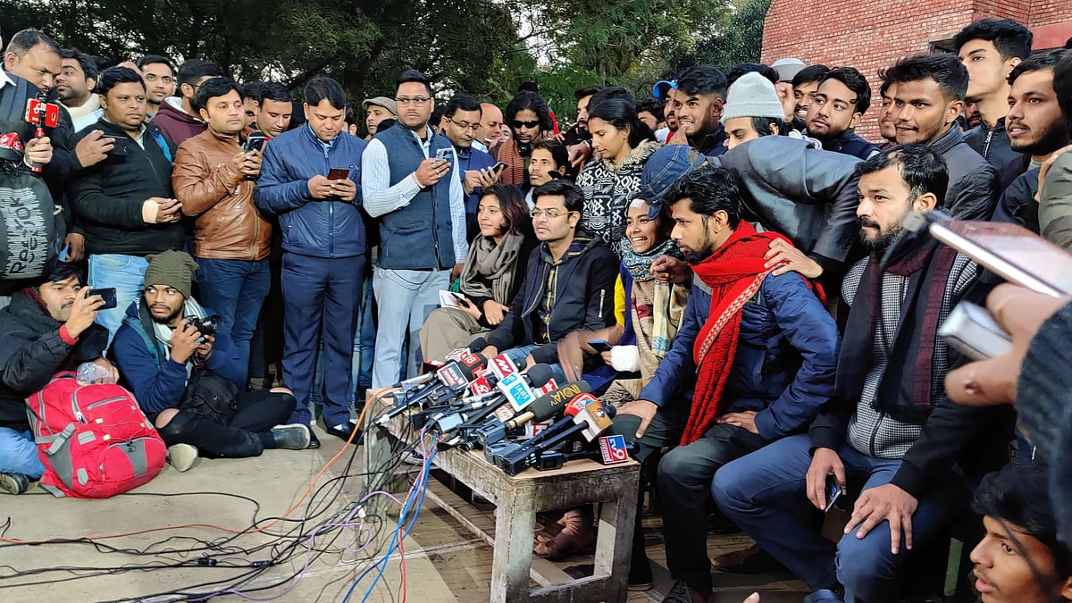 JNUSU holding a press conference on Saturday in New Delhi. 