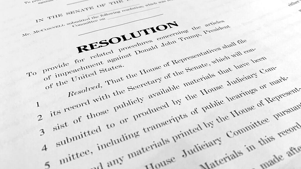 A copy of a Senate draft resolution to be offered by Senate Majority Leader Mitch McConnell, regarding the procedures during the impeachment trial of President Donald Trump in the US Senate is photographed in Washington, Monday, 20 January.