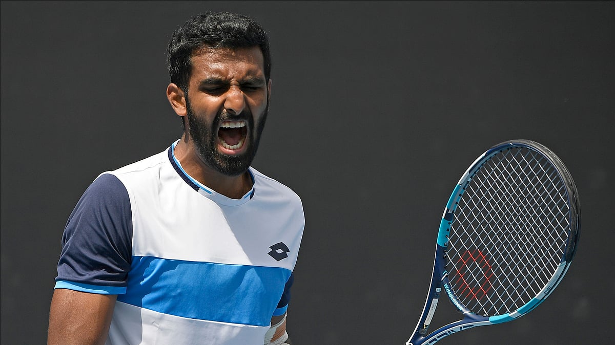 India’s Prajnesh Gunneswaran reacts during his first round loss to Japan’s Tatsuma Ito at the Australian Open in Melbourne, Australia, Tuesday, Jan. 21, 2020.