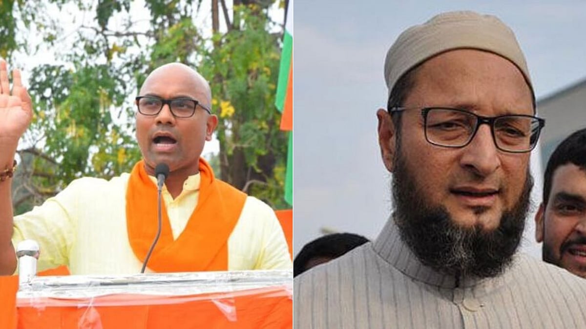  BJP Nizamabad MP Dharmapuri Arvind (L) said: “I warn you (Asaduddin Owaisi), I will hang you upside down to a crane and shave your beard.”