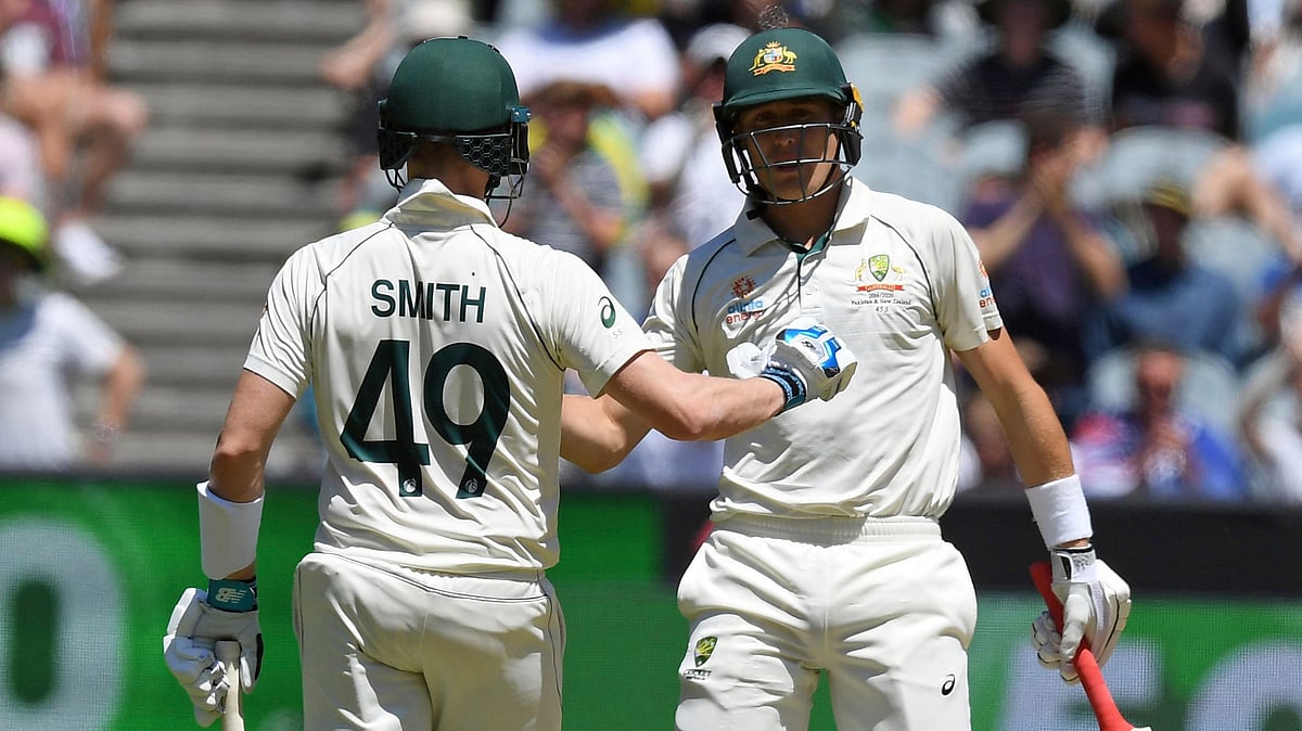 Australia’s Marnus Labuschagne (right) and Steve Smith (left) during their partnership. 