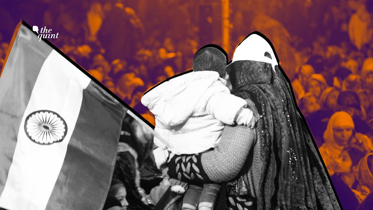 Woman at Shaheen Bagh protest carrying her child and Indian flag.