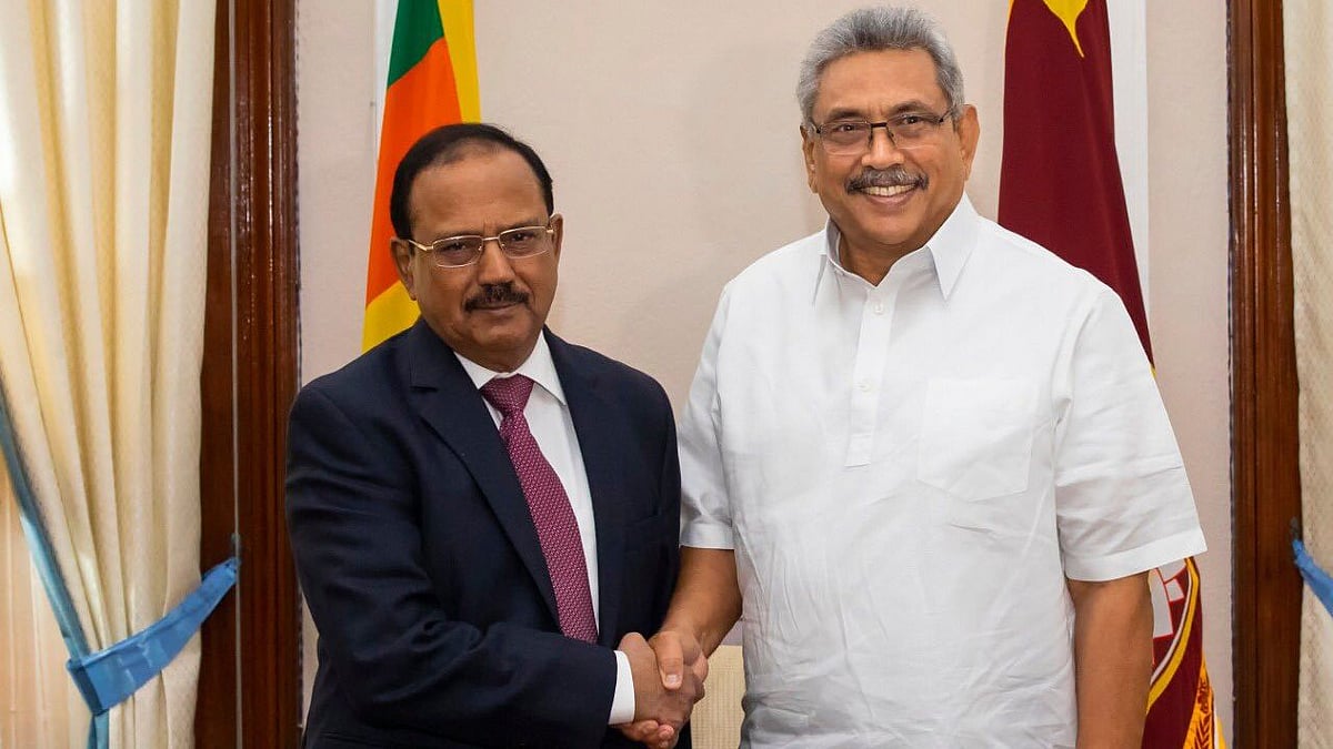 National Security Advisor Ajit Doval (left) shaking hands with Sri Lankan President Gotabaya Rajapaksa.