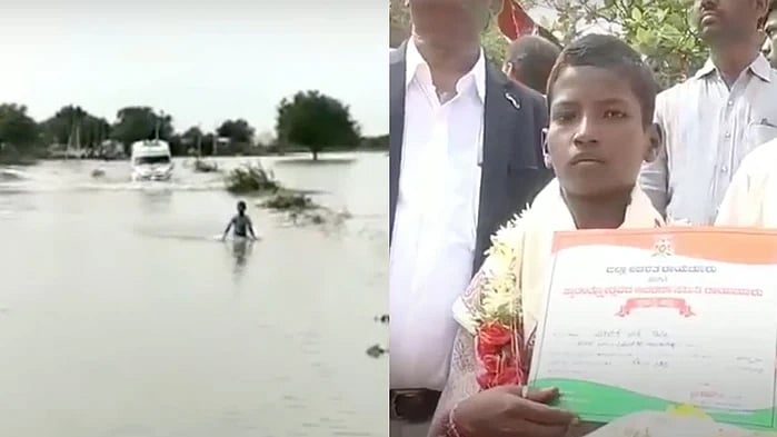Venkatesh escorting the ambulance through flooded waters. 