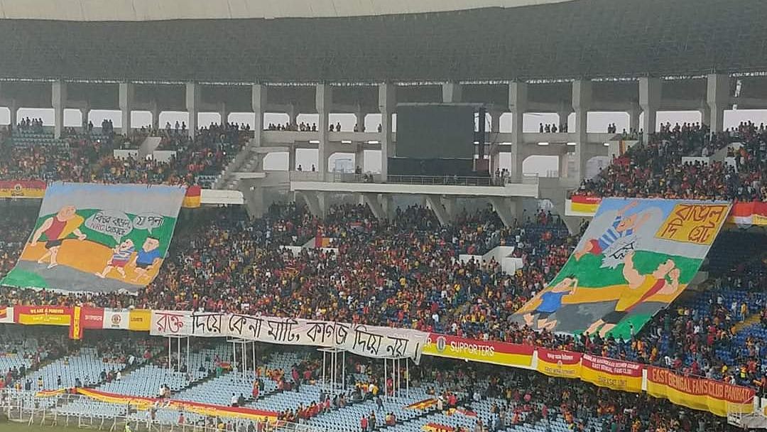 East Bengal supporters displayed a giant tifo (a choreographed display to form a large image or sign) during Sunday’s clash against Mohun Bagan in the I-League. 