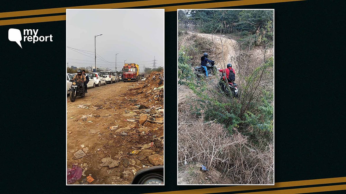 Owing to traffic in the Kalindi Kunj area, bikers are left with no choice but to go off-road.