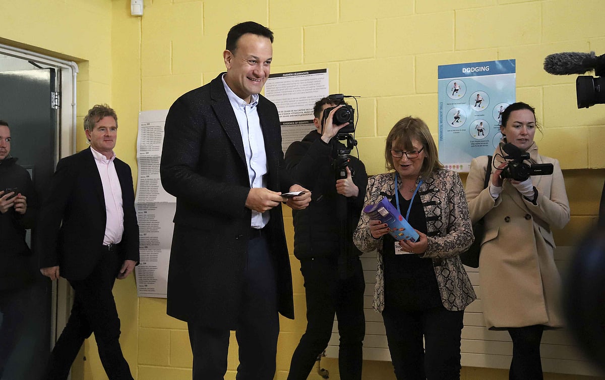 Fine Gael leader Leo Varadkar votes in the Irish General Election at Scoil Thomais in Castleknock, Dublin, Saturday on 8 February, 2020. 