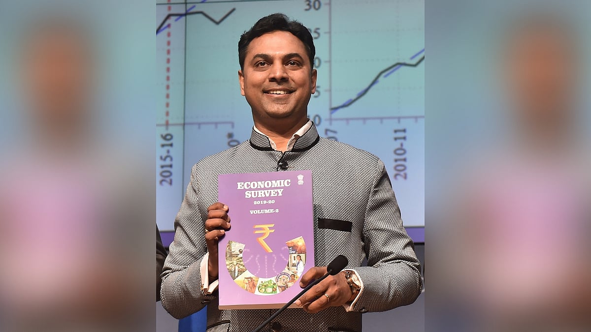 Chief Economic Adviser Krishnamurthy V Subramanian presents the Economic Survey 2019-20 during a press conference.
