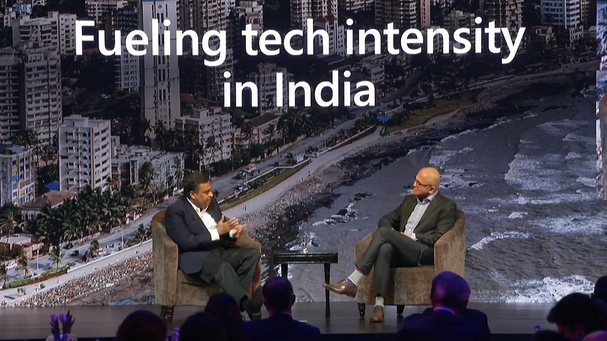 Microsoft CEO Satya Nadella in conversation with Reliance CMD Mukesh Ambani in Mumbai. 