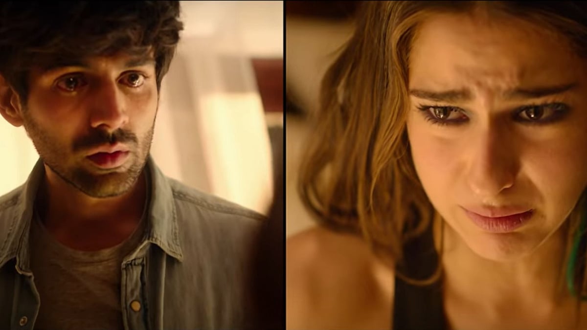 Sara Ali Khan and Kartik Aaryan in a poster from <i>Love Aaj Kal</i>.