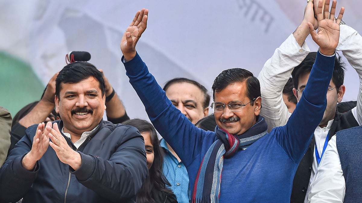 AAP convenor Arvind Kejriwal addressing supporters after party’s victory in the State Assembly polls, at AAP office on 11 Feb 2020.